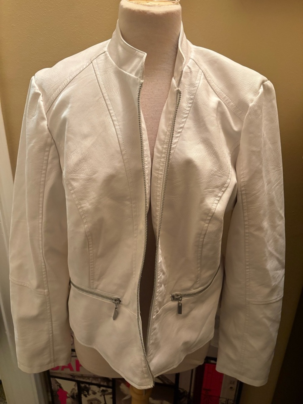 Baccini White Faux Leather Zip Moto Jacket